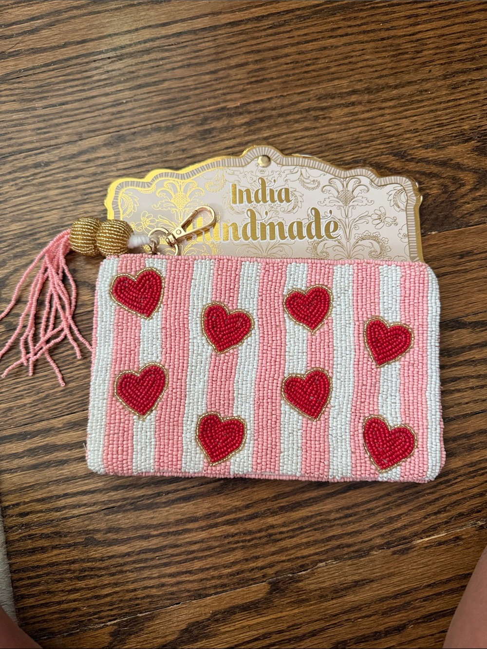 Handmade Pink & White Striped Beaded Pouch with Red Hearts